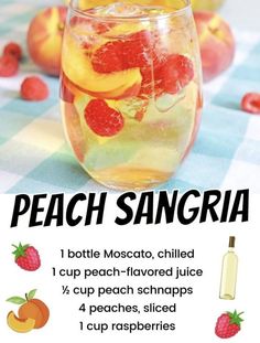 an advertisement for peach sangria with oranges and raspberries