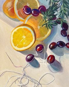 an oil painting of oranges and olives on a white tablecloth with string