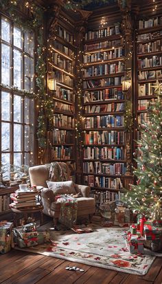 a christmas tree is in the corner of a room with many bookshelves and presents