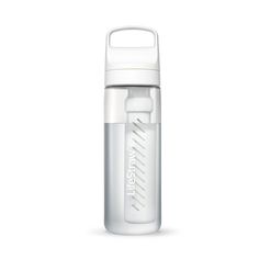 the water bottle is white and has a plastic cap on it, with an insulated design