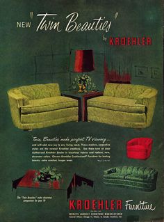 an advertisement for a new furniture line from the 1950's, featuring two couches and a coffee table