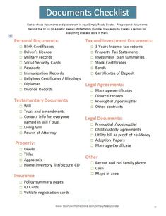 a printable document with the words documents checklist