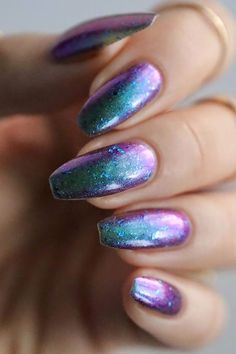 Looking to add some fun and vibrant colors to your nail game? Check out these stunning 32 chrome nail designs! From mesmerizing art to shiny finishes, these trendy styles are sure to make a statement. #nailinspiration #chromenails #nailart Chrome Purple Nails Designs, Multi Color Chrome Nails, Purple Nails With Chrome Powder, Purple Green Chrome Nails