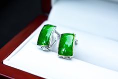 "Product Type: 18K White Gold Natural Green Jade Earrings  Main Stone: High Quality Natural \"Untreated\" Green Jadeite Jade Stone Carat Size: 3.2 Carats on Each Earring  Metal Purity: 18K White Gold  Style Type: Geometric   Length & Width Across: 15 mm x 13 mm Total Weight: 5 grams Category Type: Fine Jewelry  Condition: Fine Perfect Condition" Elegant Green Earrings With Polished Finish, Elegant Green Polished Earrings, Luxury Green Clip-on Earrings For Formal Occasions, Luxury Green Clip-on Earrings, Classic Green Clip-on Earrings For Formal Occasions, Luxury Green Clip-on Jewelry, Luxury Green Jade Earrings, Formal Green Jewelry With High Luster, Luxury Green Clip-on Earrings As Gift