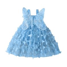 a blue dress with butterfly wings on the front and back, made out of tulle