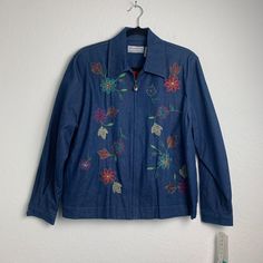 Alfred Dunner Floral Embroidered Jacket Stretch Size 14p See Pics On The Actual Retail Tag 16p See Pics Length Approx 24” Pit To Pit Approx 22” Shell 97% Cotton 3% Spandex Lining 65% Polyester 35% Cotton Blue Embroidered Cotton Outerwear, Blue Cotton Outerwear With Floral Embroidery, Blue Embroidered Outerwear For Spring, Blue Long Sleeve Outerwear With Floral Embroidery, Spring Embroidered Collared Outerwear, Casual Long Sleeve Outerwear With Machine Embroidery, Fall Collared Outerwear With Floral Embroidery, Orange Blazer, Cozy Jacket