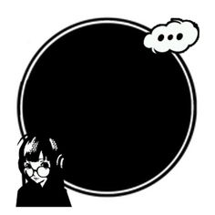 a black and white drawing of a person with headphones on, behind a round sign