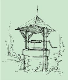 an ink drawing of a gazebo