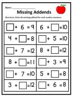 missing addends worksheet with an apple on the top and numbers below