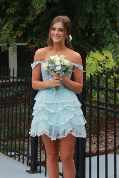 Light Blue Appliques Tiered Short Dress Light Blue Homecoming Dresses, Winter Formal Dresses, Blue Homecoming Dresses, Junior Prom Dresses, Tiered Ruffle Skirt, Sequin Appliques, Short Prom Dress, Short Homecoming Dress, Pageant Dress