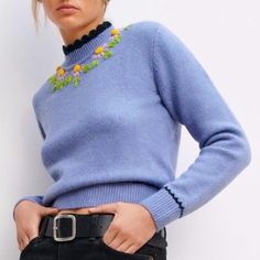 New Zara Womens Sweater Sz Medium New Without Tags Mock Neck Sweater Periwinkle Blue Purple Color Floral Embroidered Applique Around Neck Daisy Sunflowers Black Scallop Trim Detail Soft Stretch Knit Feminine Fun Sweater New Without Tags Blogger Favorite Blue Embroidered Sweater For Fall, Embroidered Blue Sweater For Fall, Blue Embroidered Long Sleeve Sweater, Blue Embroidered Sweater For Spring, Blue Embroidered Winter Sweater, Fun Sweater, Scallop Trim, Womens Sweater, Embroidered Applique