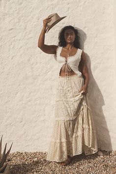 Paper, polyester Spot clean Imported | Sparkle Cowboy Rancher by Anthropologie in Beige, Women's, Polyester Lace Maxi Skirt, Cowboy Chic, Look Boho Chic, Cowgirl Style Outfits, Western Fits, Maxi Lace Skirt, Western Chic, Country Concert, Cowgirl Outfits