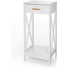 a white nightstand with gold accents on the top and bottom shelf, against a white background