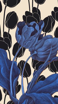 an image of blue flowers in the middle of some leaves on a beige background with black and white lines