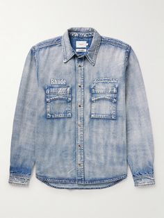 Buckle up for another drop in Rhude's partnership with Lamborghini. Whiskered and faded for a cool vintage feel, this denim shirt is embroidered with logos above both chest pockets, the chevron stitching is a brand signature. Denim Shirt For Men, Embroidered Denim Shirt, Western Denim Shirt, Denim Shirt Men, Denim Shirts, Cool Vintage