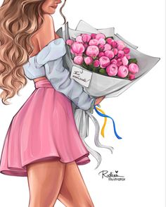 a drawing of a woman holding a bouquet of roses in her hand and looking down