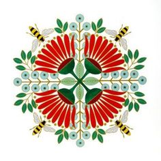 a red and green floral design with bees on the side, in front of a white background