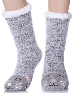 PRICES MAY VARY. NEW STYLE FUZZY SLIPPER SOCKS--With our Cute Animal Plush Slipper Socks you can live your cartoon animal dreams. High quality plush and a lovely designe make these fluffy slipper socks your best friends. SOFT & COMFORTABLE & WARM--Outshell: 100% Acrylic; Lining: fleece. Made of ultra-soft acrylic yarn, lined with plush faux sherpa shearling and featuring non-skid tread. Enjoy the fuzziness of the inner sock, wear your thick fleece lining knit slipper socks on cold winter days to Knit Slipper Socks, Funny Slippers, Girls Knee High Socks, Animal Home, Non Slip Socks, Winter Slippers, Fuzzy Slippers, Purple Cat, Winter Socks