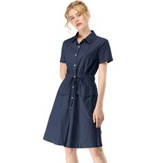 The casual, elegant look of this pretty dress will keep you looking great all the time. The short-sleeve shirt dress is cut with a relaxed silhouette and features a drawstring to cinch in the waist and plenty of practical pockets. Pair it with ankle boots or heels for a chic silhouette. Perfect for spring, summer, and autumn, and it is also suitable for any occasion. Collared Short Sleeve Dress For Summer Workwear, Casual Short Sleeve Knee-length Dress For Daywear, Casual Knee-length Short Sleeve Dress For Daywear, Casual Short Sleeve Summer Dress For Work, Casual Shirt Dress With Short Sleeves, Casual Solid Shirt Dress With Short Sleeves, Casual Cotton Shirt Dress With Short Sleeves, Casual Cotton Short Sleeve Shirt Dress, Casual Short Sleeve Knee-length Dress For Work