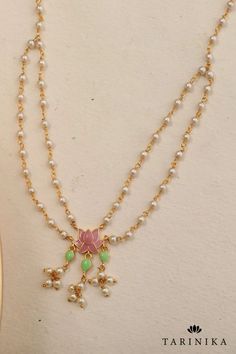 tarinika jalaja center lotus motif pearl necklace Lotus Motifs, Lotus Motif, Pearl Chains, The Lotus, Latest Jewellery, Creative Team, Layered Necklace, Gold Enamel, Pearl Chain