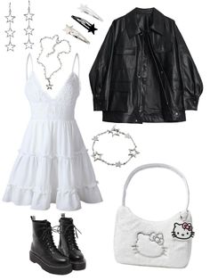 How To Style A Black Skirt Long, Cute White Outfits Aesthetic, Outfit Ideas Blouse, White Dress Leather Jacket, White Outfits Aesthetic, Black And White Aesthetic Outfit, Spring Clothes