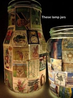 two glass jars with stamps on them sitting next to each other in front of a black background