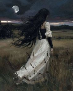 a painting of a woman in a long white dress walking through a field at night