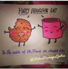 a happy friend day card with two cookies and a pink coffee cup on it's side