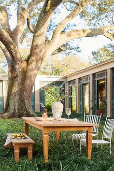 a table and chairs in the grass near a tree