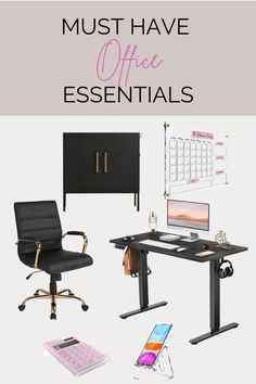 an office desk and chair with the words must have office essentials