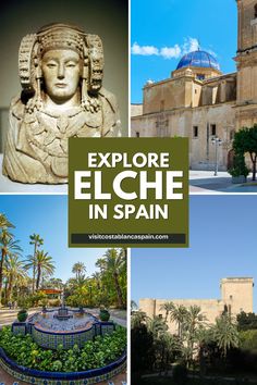 the exterior of an old building with palm trees in front and text overlay that reads explore elche in spain