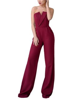 Inseam length is 37,4 inches or  95cm *  formal jumpsuit for women *  sleeveless *  corseted top *  breast support *  deep V-neck *  with pockets *  wide leg pants *  perfect for various celebration, birthday or wedding reception. Suitable for winter, fall, spring date, wedding guest, vacation, holiday, night out, party *  models are wearing a size S MATERIAL Suiting fabric: viscose and polyester blend  SIZES The models in photos are wearing a size S Available in 4 sizes: XS = 0 US numeric BUST Party Full-length Solid Jumpsuit/romper, Elegant Sleeveless Jumpsuits And Rompers For Party, Full Length Solid Jumpsuit For Party, Full-length Jumpsuit For Party, Full Length Party Jumpsuit, Fitted Strapless Sleeveless Jumpsuit For Party, Fitted Sleeveless Jumpsuit For Party Season, Formal Fitted Strapless Jumpsuit For Party Season, Elegant Fitted Strapless Jumpsuit For Wedding