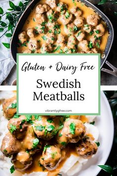 swedish meatballs with gravy in a skillet and on top of mashed potatoes