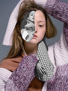 a woman with her hands on her head, wearing a sweater and holding a scarf around her neck