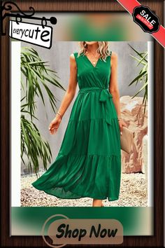 Green V Neck Sleeveless Tie Waist Midi Dress Elegant Green Sleeveless Sundress, Green Maxi Length Sleeveless Dress For Day Out, Sleeveless Green Midi Dress For Day Out, Midi Dresses, Women Dresses, Dresses Midi, Midi Dress, V Neck, Green