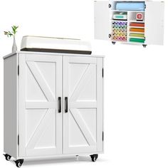 a white cabinet with doors and drawers next to a flower pot filled with colored pencils