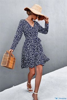 Orcajump - Polka-dot Bubble Sleeves Cross-neck Tie Dress Cross Neck, Tie Neck Dress, Bubble Sleeve, Sleeves Clothing, Navy Blue Dresses, Tie Dress, A Line Skirt, A Line Skirts, Neck Tie