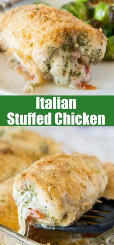 two pictures of chicken and broccoli with the words italian stuffed chicken on it