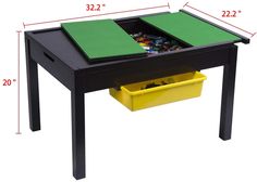 a black table with yellow bins underneath it and measurements for the top section on each side