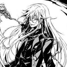 an anime character with long hair in black and white