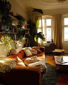 a living room filled with lots of furniture and plants on the wall above it's windows