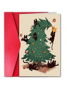 a card with cats around a christmas tree