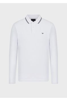 Long-sleeved polo shirt in a fresh, draped piqué fabric that adds understated elegance to the item. Embroidered micro eagle on the chest and contrasting striped inserts on the collar. This item belongs to the Essentials clothing selection, the Emporio Armani capsule collection that is an evergreen statement of style: an ongoing collection with clean, well-designed shapes for a wardrobe that meets the demands of any season. These essential, versatile pieces are a must-have for the male wardrobe. Elegant White Polo Shirt With Ribbed Collar, Designer White Tops With Ribbed Collar, Elegant Formal Polo Shirt With Ribbed Collar, Elegant Polo Shirt For Workwear, Elegant White Polo Collar Tops, Elegant White Tops With Ribbed Collar, Elegant White Top With Ribbed Collar, Elegant Cotton Polo Shirt With Spread Collar, Elegant White Polo Shirt For Work