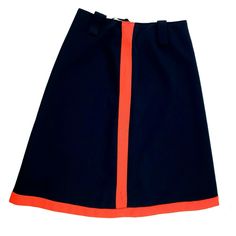 Vintage Mod Navy Orange Wool A-line Skirt 1960's American Way with Wool No size indicated. Approx modern size small.  Measurements taken flat: Waist 14" / length from center 27" / bottom width 29.5"  Good condition.  Small damage on front bottom at center orange stripe.  Please see the photos for the exact item that you will receive. Any questions, please ask.  Thanks for looking!  "All it takes is faith and trust, and a little bit of pixie dust!"  Bid and Buy with Confidence. We believe in hone Retro Skirt For Workwear, Retro Skirt For Work, Retro Mini Skirt For Workwear, Retro Mini Skirt For Work, Vintage Blue Skirt For Work, Retro Flared Skirt For Work, Blue Retro A-line Skirt, Retro Blue A-line Skirt, Retro Workwear Skirt With Lining