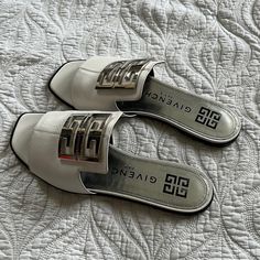 Worn A Few Times, Some Discoloration Near Toes Shown Silver Plaque Modern Silver Slip-on Sandals, Luxury Women's Sandals With Silver-tone Hardware, Silver Leather Sandals With 4-inch Heel, Givenchy Shoes, Flat Sandals, Women's Shoes Sandals, Givenchy, Silver Color, Shoes Sandals