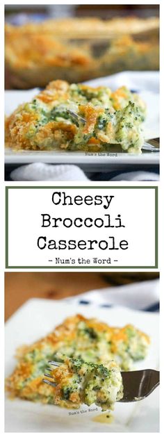 cheesy broccoli casserole on a white plate with a fork