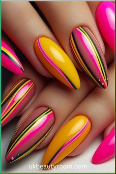 Summer Hot Nails, Bright Fall Nail Colors, Neon Yellow Nails Designs, Neon Ideas, Bright Nail Art, Yellow Nails Design, Summer Designs, Sassy Nails, Classy Nail Designs