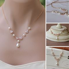 #bridaljewelry #weddingjewelry #bridesmaidsjewelry #weddingjewelryset #pearlnecklace #goldbridaljewelry #goldcrystaljewelry #bridalnecklace #rosegoldnecklace #rosegoldjewelry #rosegoldynecklace Elegant Rose Gold Necklace For Mother Of The Bride, Elegant Rose Gold Pearl Necklace For Wedding, Feminine Pearl Embellished Necklaces For Wedding, Feminine Rose Gold Necklaces For Weddings, Feminine Rose Gold Wedding Necklaces, Delicate Rose Gold Pearl Necklace, Rose Gold Pearl Necklace With Charm For Wedding, Rose Gold Pearl Drop Necklace For Wedding, Rose Gold Pearl Chain Necklace For Wedding