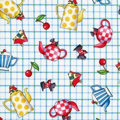 a blue and white checkered table cloth with teapots, cherries and apples on it