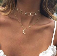 Moon Choker Necklace, Moon Choker, Trendy Chokers, Star And Moon Necklace, Urban Outfitters Jewelry, Necklace Moon, Layered Choker Necklace, Leather Choker Necklace